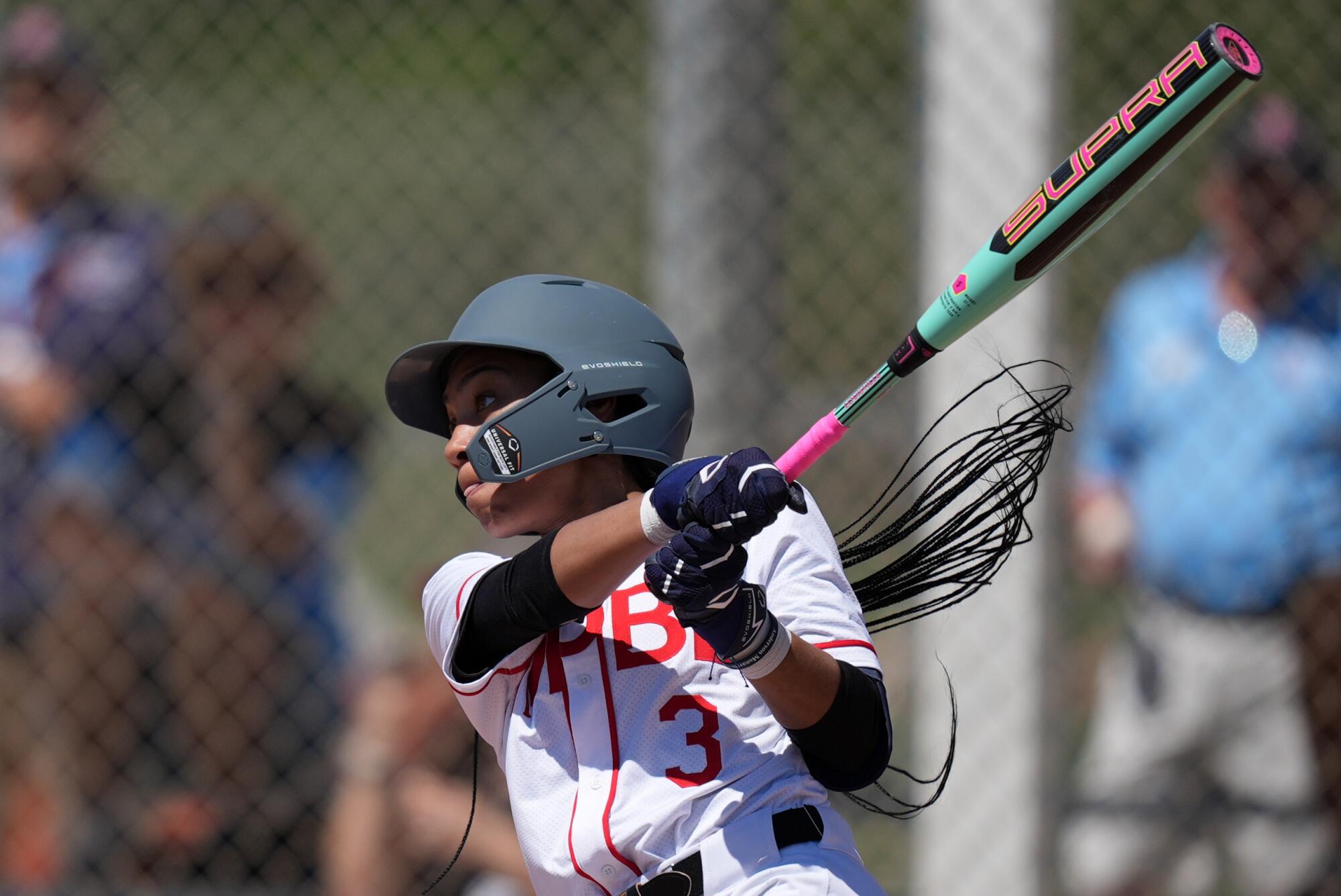 Mo'ne Davis hits during a Women's Pro Baseball League exhibition game on March 19, 2026, in Fort Myers, Fla. 
