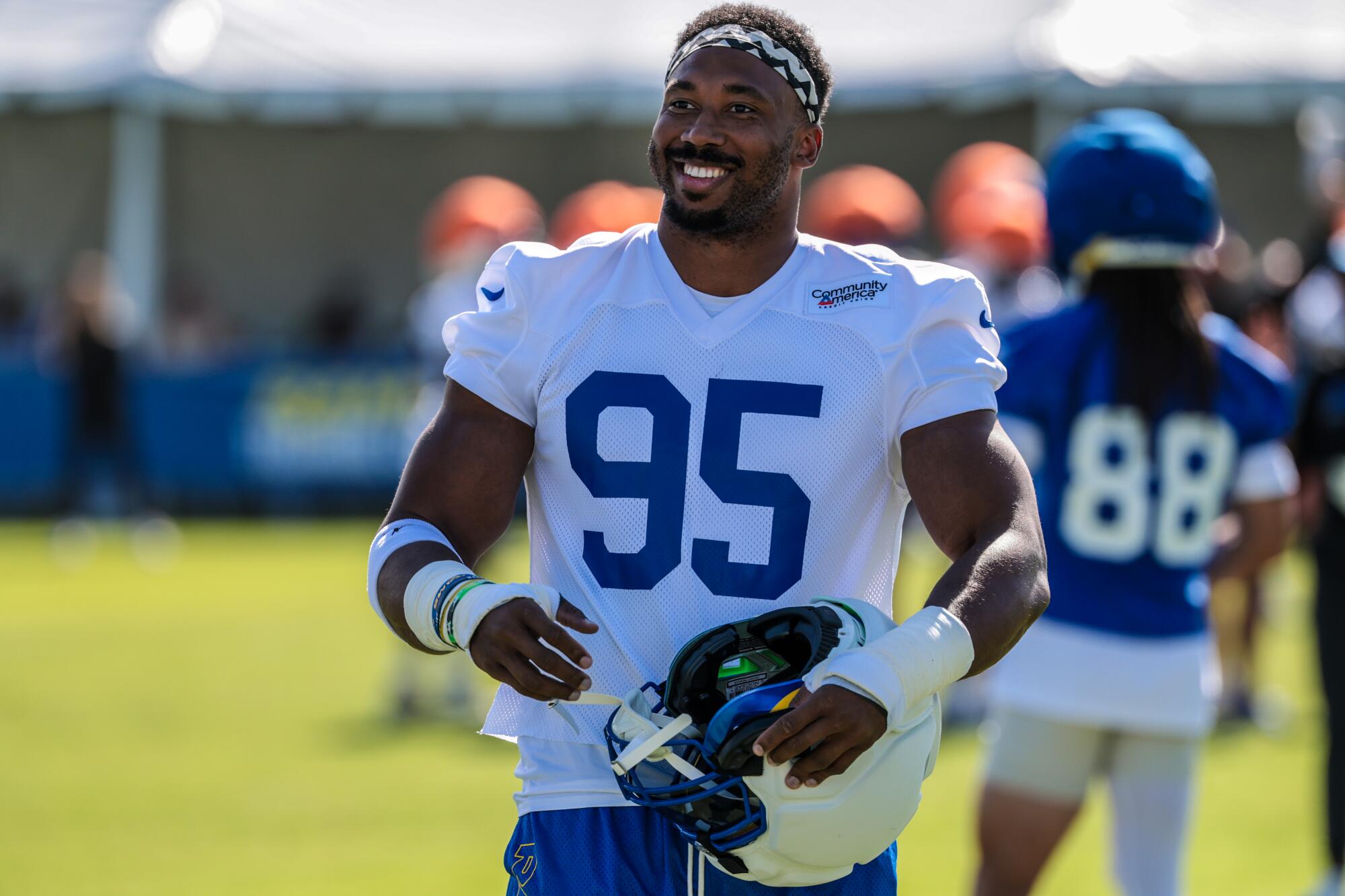 Rams defensive end Myles Garrett smiles during training camp at Loyola Marymount on July 26.