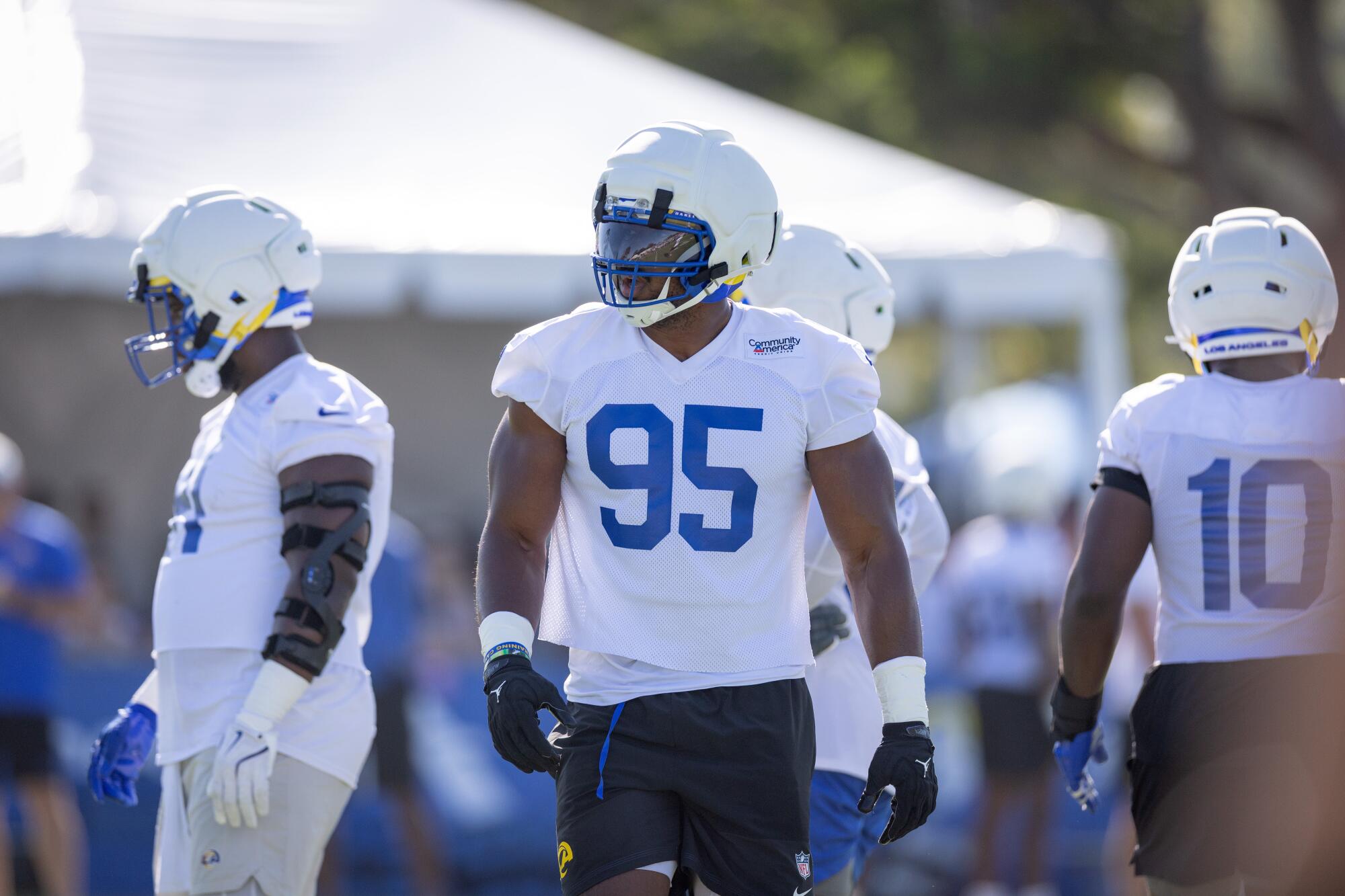 Myles Garrett takes part in drills at Rams training camp on July 27.