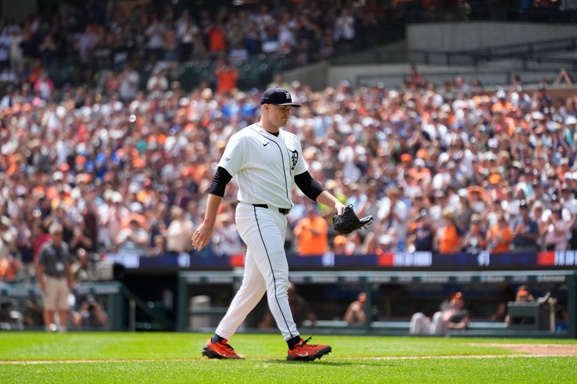 Pitcher Tarik Skubal walks to the dugout during a matchup between the Tigers and the Orioles Wednesday in Detroit.