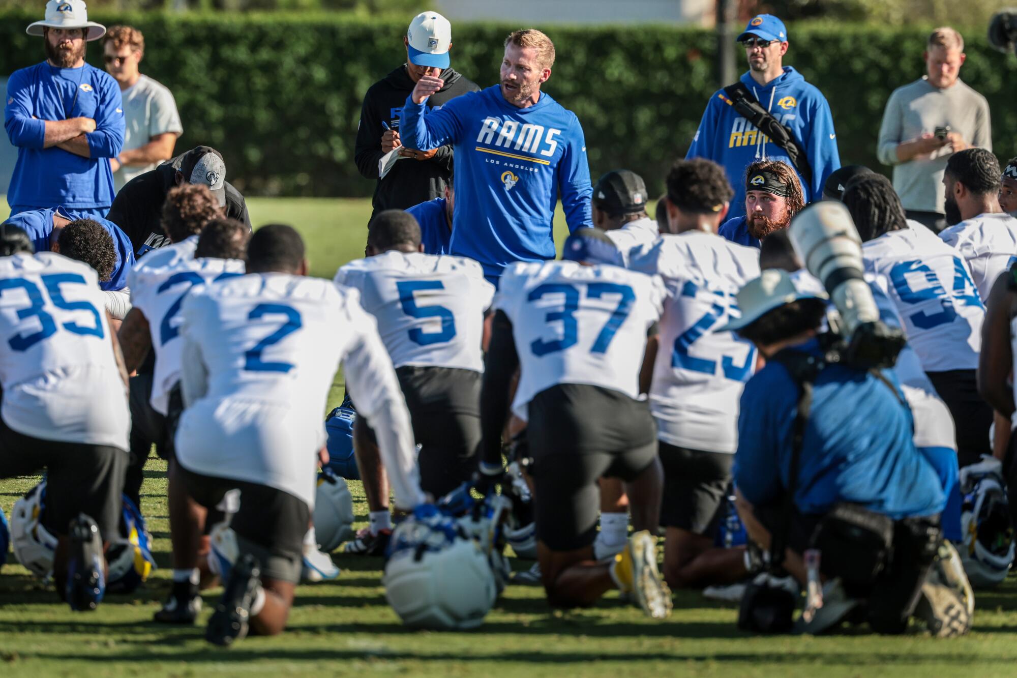Rams coach Sean McVay talks to players at training camp at Loyola Marymount on July 26.