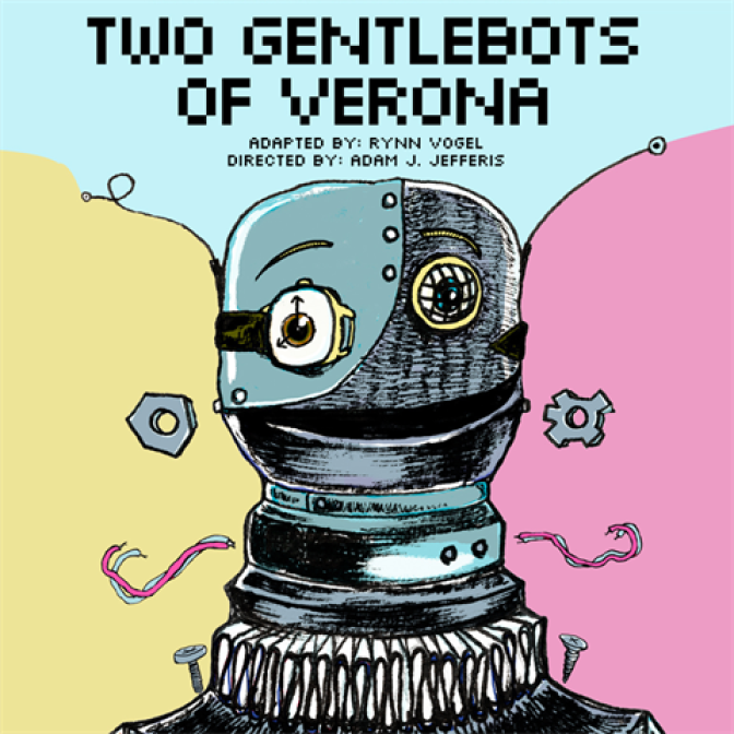 An illustrated robot on a blue, yellow and red background. Text reads Two Gentlebots of Verona.