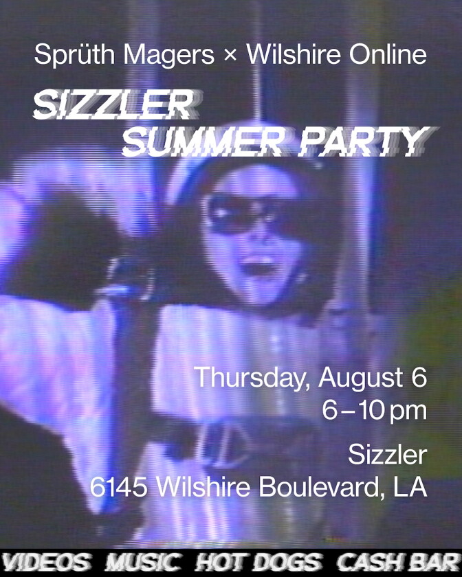 A black-and-white film still of a person in a jumpsuit, helmet and sunglasses. Text reads Spruth Magers x Wilshire Online Sizzler Summer Party.