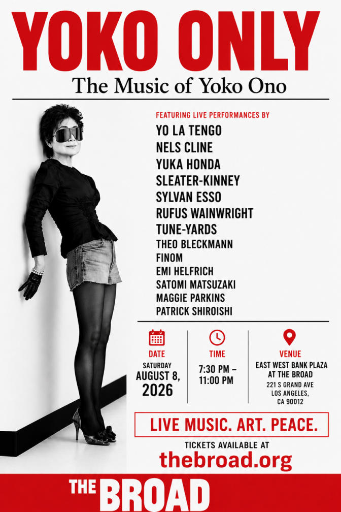A white poster featuring a woman in black and white leaning against a wall wearing large sunglasses. Text reads Yoko Only The Music of Yoko Ono.