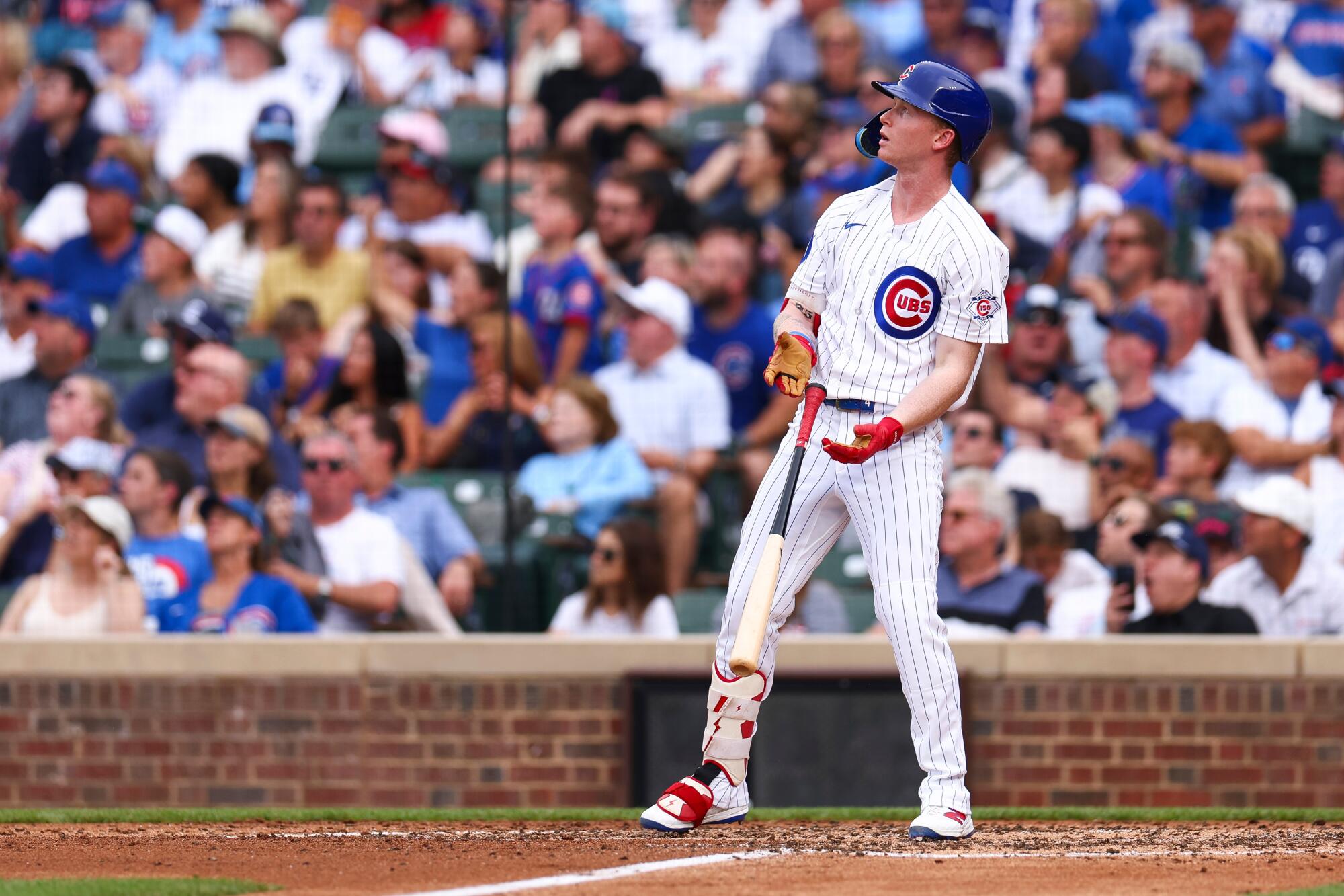 Chicago Cubs designated hitter Pete Crow-Armstrong drops the bat after hitting his second home run against the Dodgers.