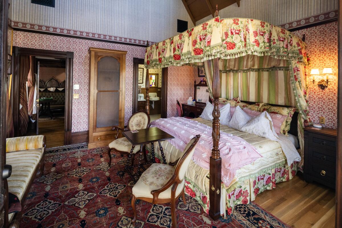 Each of the 11 guest rooms features unique, textures and personalities. One of two rooms at the Saxony Cottage has a spiral staircase that leads to an upstairs bedroom.