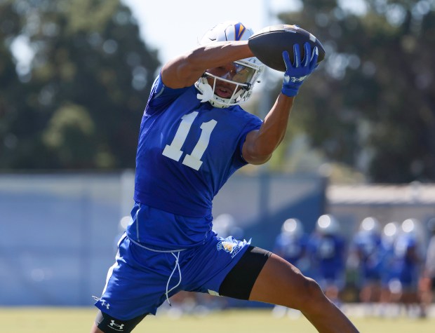 San Jose State's Malachi Riley (11) makes a catch at SJSU's first training camp football practice on the practice field at San Jose State University in San Jose, Calif., on Wednesday, July 29, 2026. (Nhat V. Meyer/Bay Area News Group)