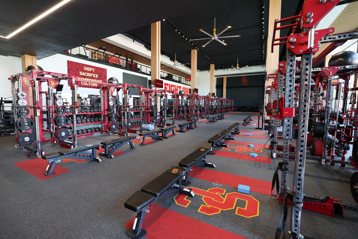 The weight room of the USC Bloom Football Performance Center.