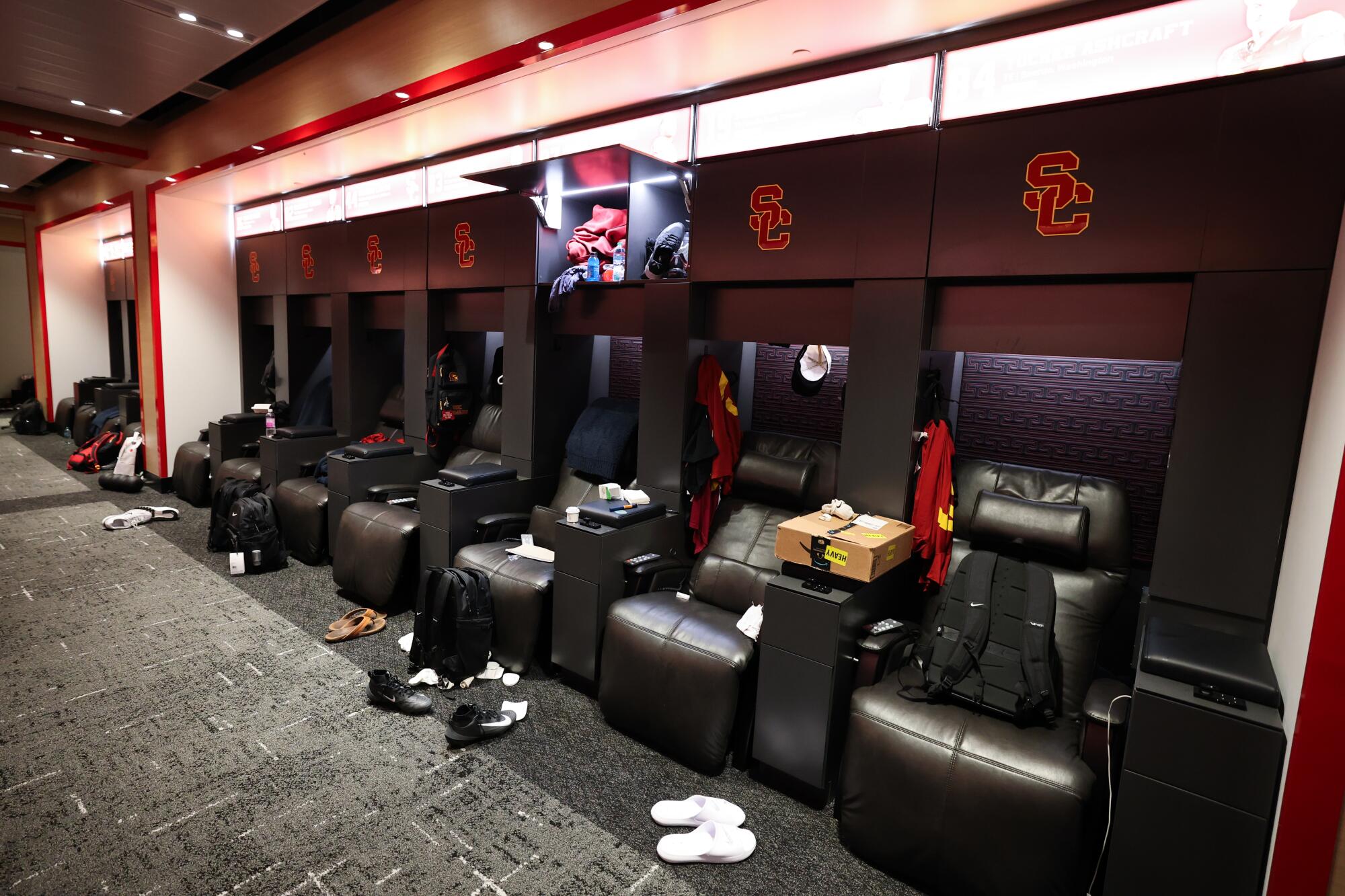 The locker room at the USC Bloom Football Performance Center,.