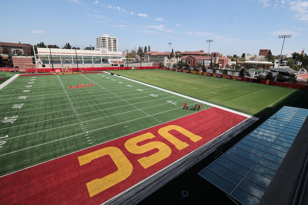 The football practice fields next to the Bloom Football Performance Center.