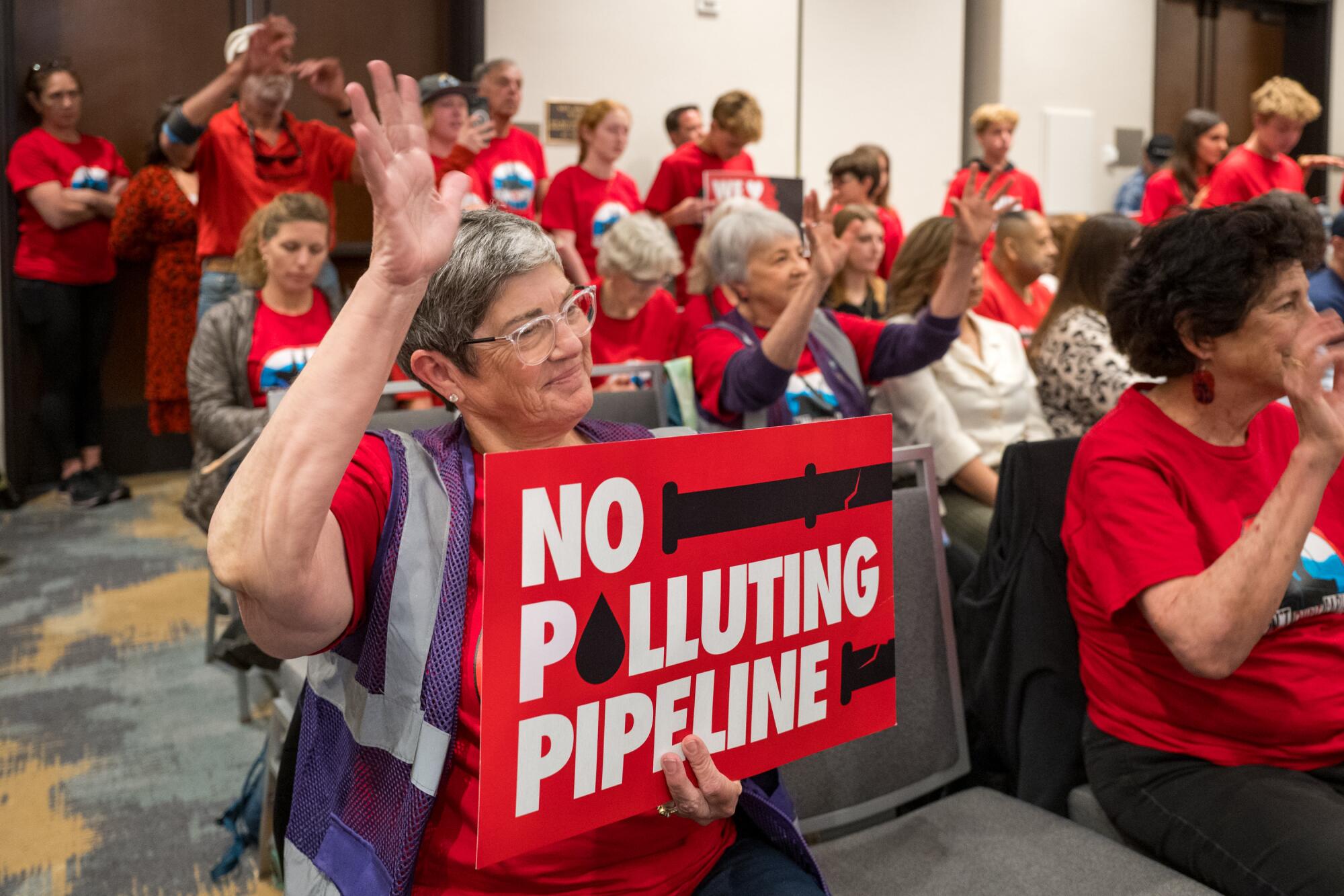A woman holds a sign that reads "no polluting pipeline" at a public hearing.