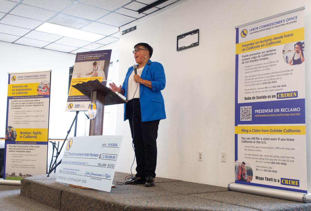 California Labor Commissioner Lilia Garcia Brower speaks at a news conference Tuesday in Garden Grove.