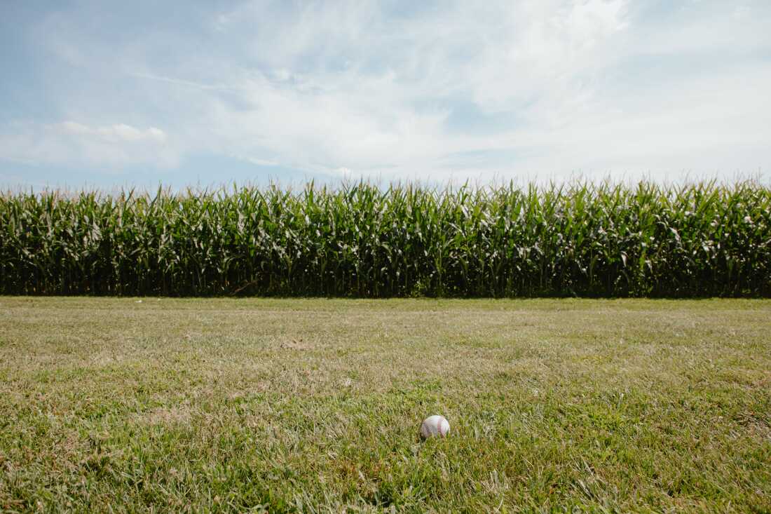 A stray ball lands near the corn fields during preseason practice for the Women's Pro Baseball League. Springfield, IL, July 30, 2026.