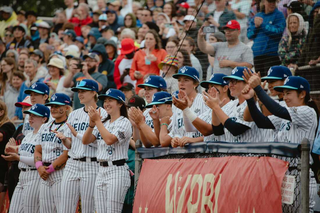New York Heights players and fans prior to the start of the inaugural game of the Women's Pro Baseball League. Springfield, IL, August 1, 2026.