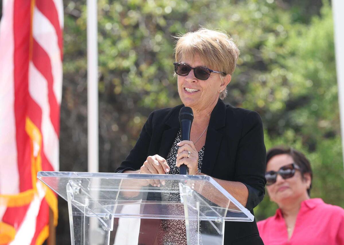 California Transportation Commissioner Lee Ann Eager makes remarks about the Laguna Canyon Road improvements Tuesday.