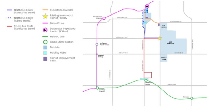A map of streets denoting the route of a new shuttle bus.