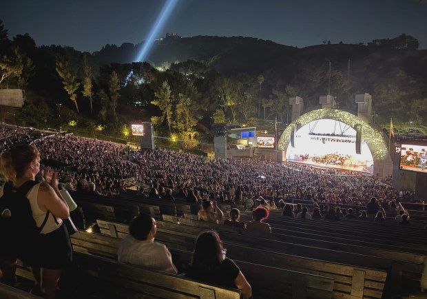 The Hollywood Bowl glows under the night sky on Aug. 2 as St. Vincent, backed by the Hollywood Bowl Orchestra, performs an encore. (Photo by David Allen, Inland Valley Daily Bulletin/SCNG)