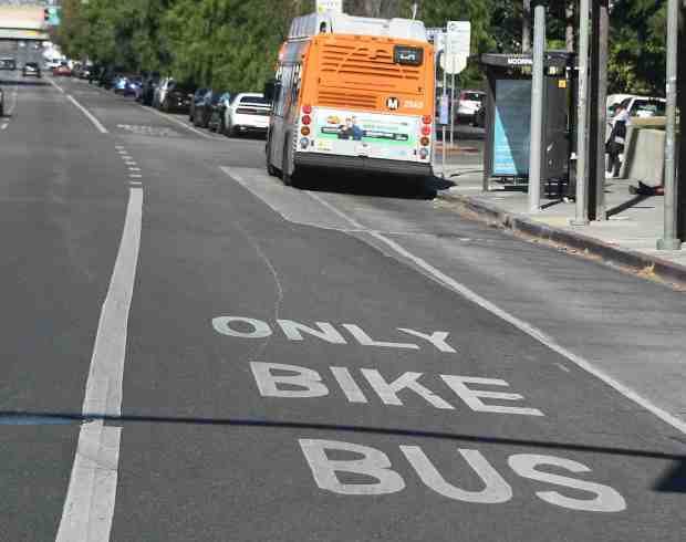 LA Metro buses using lanes usually on right hand side of street painted in street as "BUS BIKE ONLY." on Thursday, Jan. 16, 2025, in Sherman Oaks, The bus lanes on Sepulveda from Ventura Boulevard started in March 2024 (Photo by Gene Blevins, Contributing Photographer)