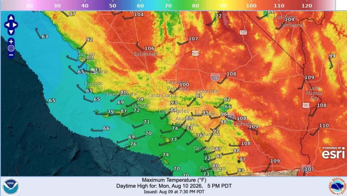 A map shows high temperatures for Monday.