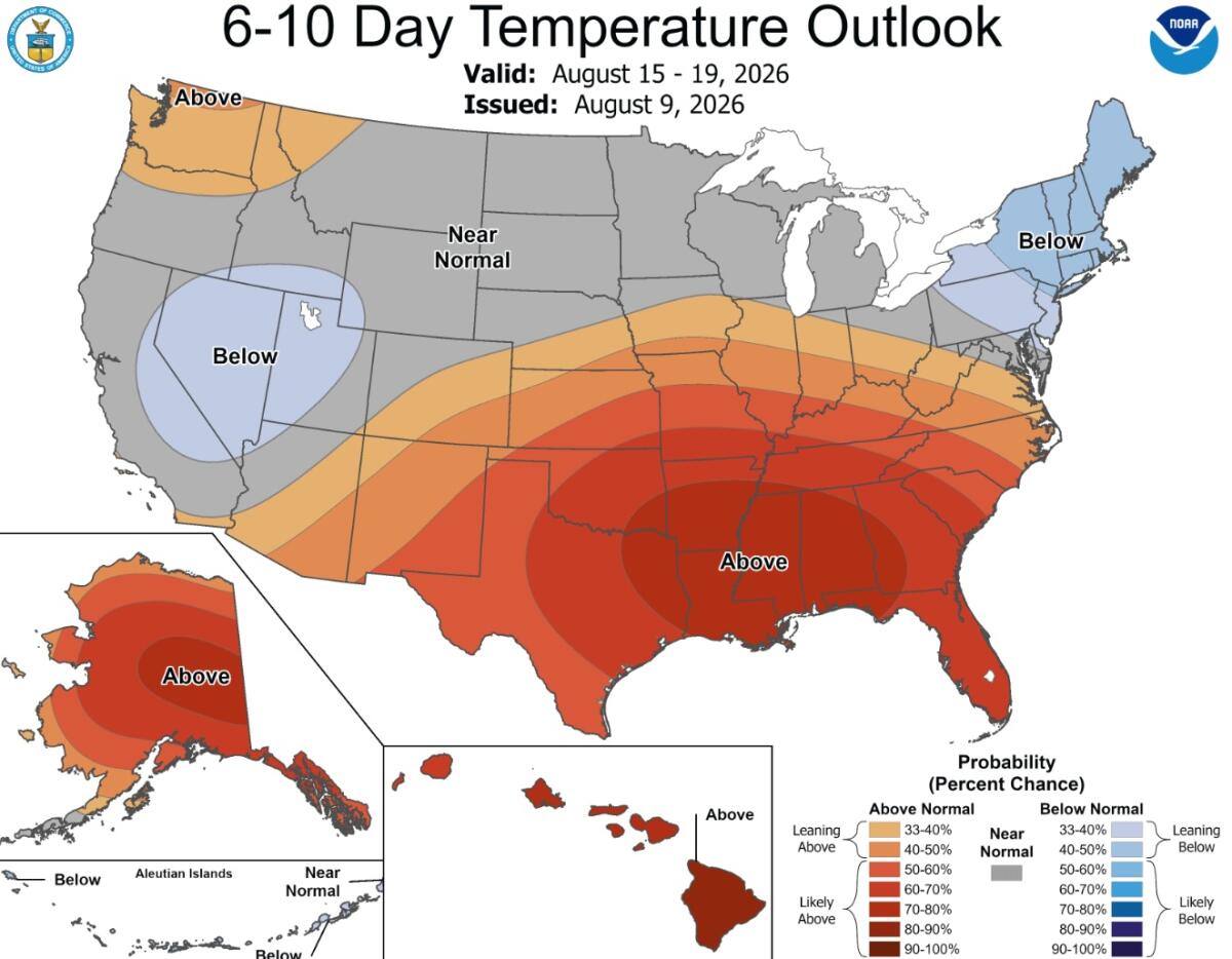 A map shows temperature trends through Aug. 19 in the U.S.