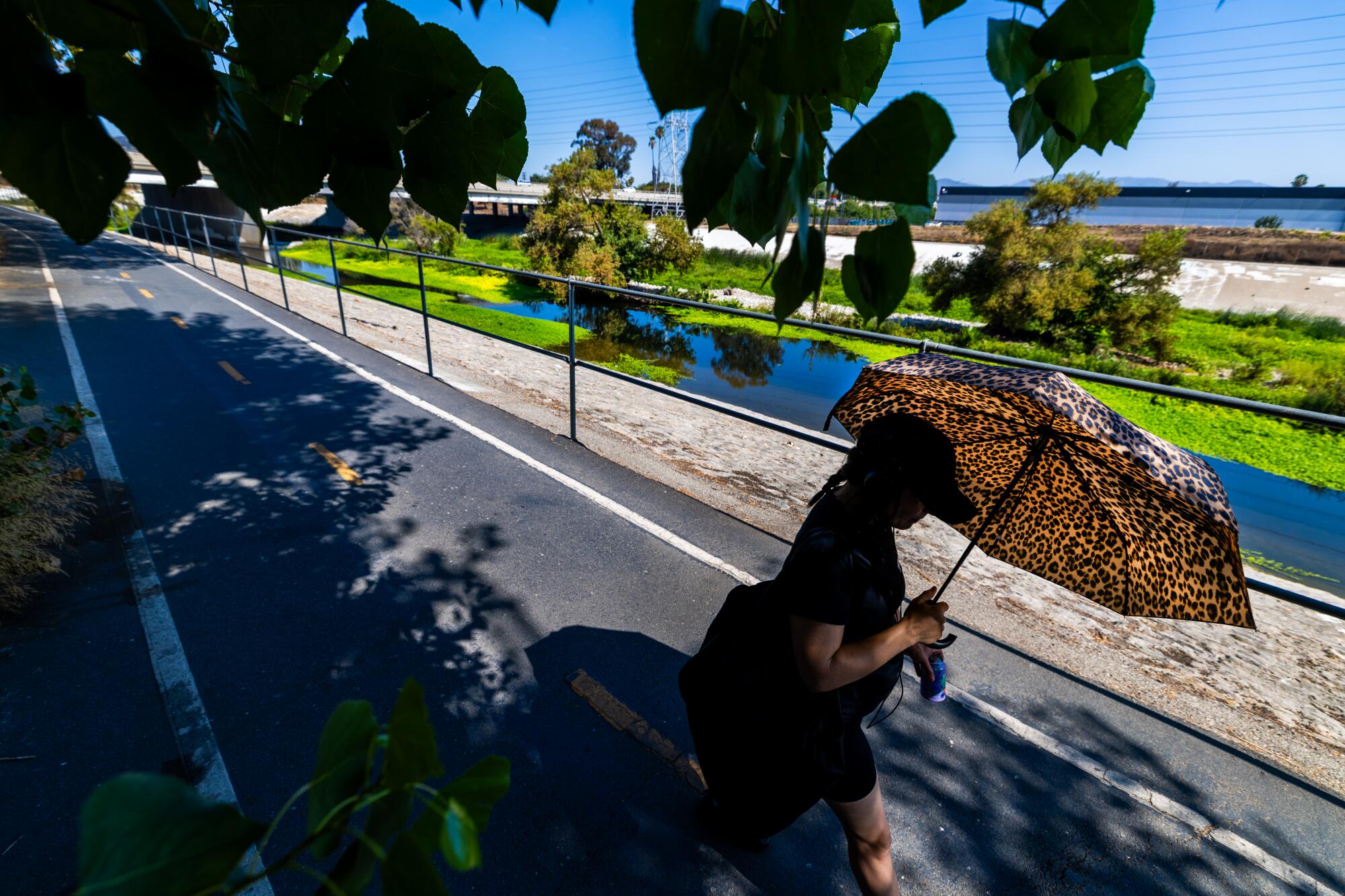 A pedestrian walks with an umbrella on the L.A. River Path