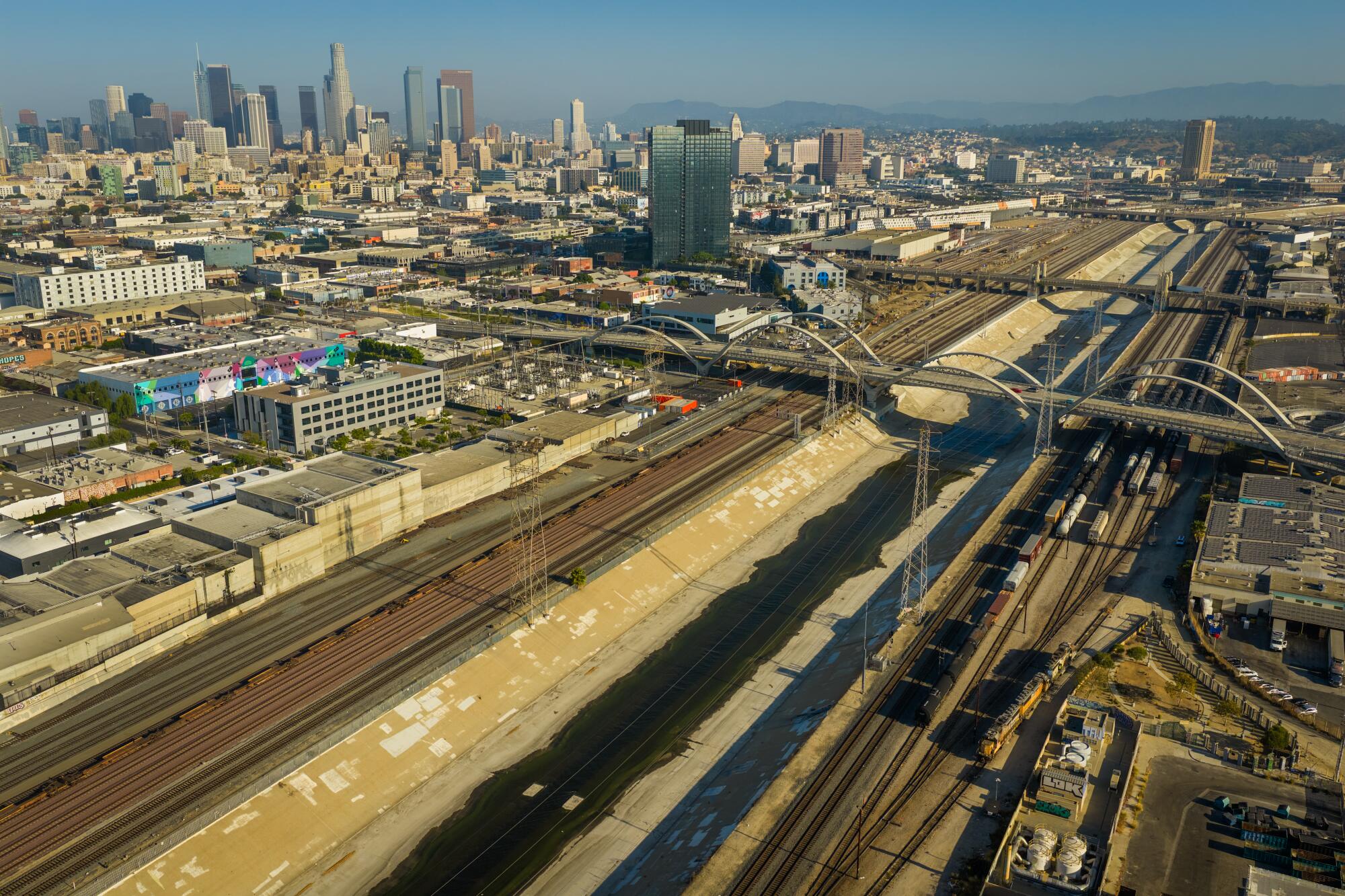 An aerial view of downtown Los Angeles and the Sixth Street Bridge