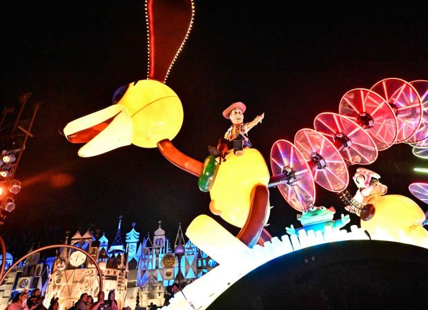 The Paint the Night Parade travels past It's a Small World at Disneyland in Anaheim, CA, on Wednesday, May 14, 2025. Disneyland is celebrating its 70th anniversary from May 16, 2025 through summer 2026.(Photo by Jeff Gritchen/MediaNews Group/Orange County Register via Getty Images)