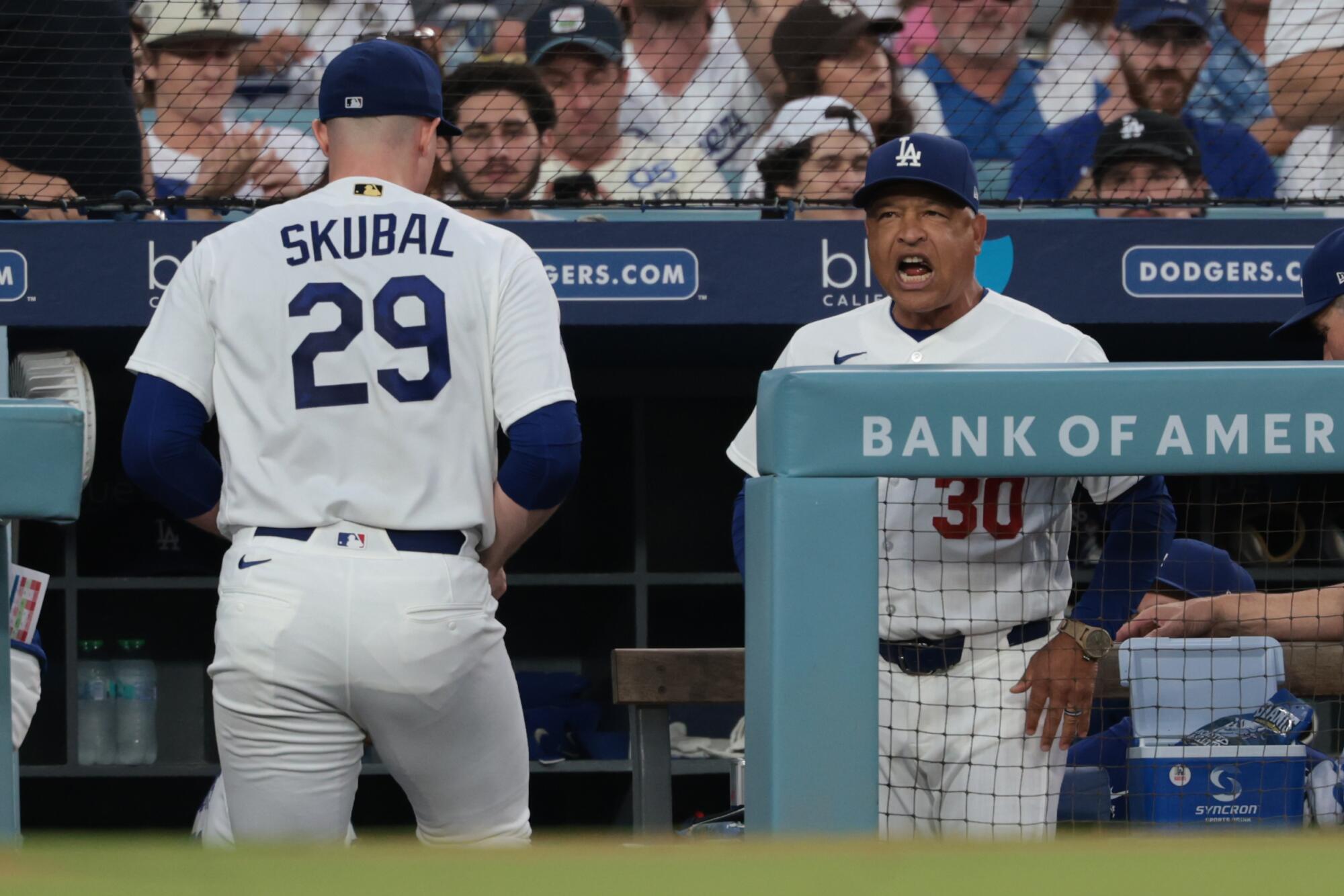 Dodgers manager Dave Roberts reacts after Tarik Skubal retires the Royals in order in the fourth inning Monday.