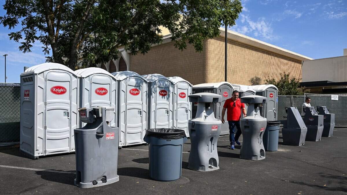 Temporary porta-potties are set up outside Fashion Fair mall between JC Penny and the food court while the mall works on restroom renovations, on Monday, Aug. 10, 2026. Additional porta-potties are set up outside the eastern entrance to the mall.