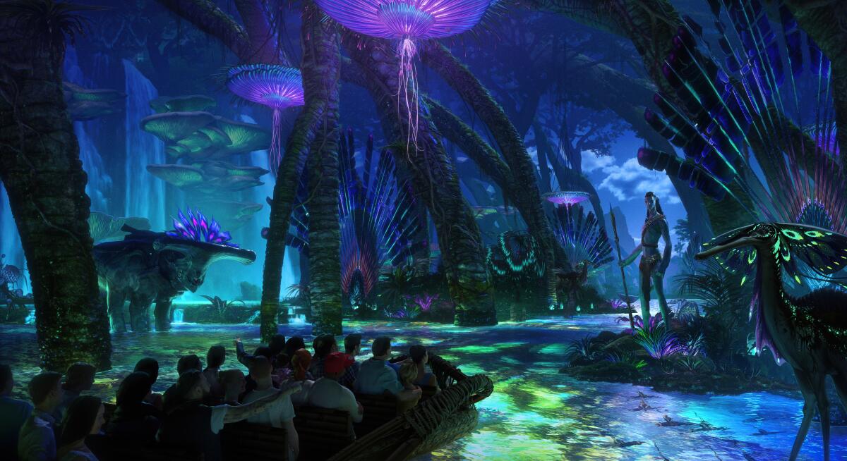 A twilight scene of a boat ride through a bioluminescent forest