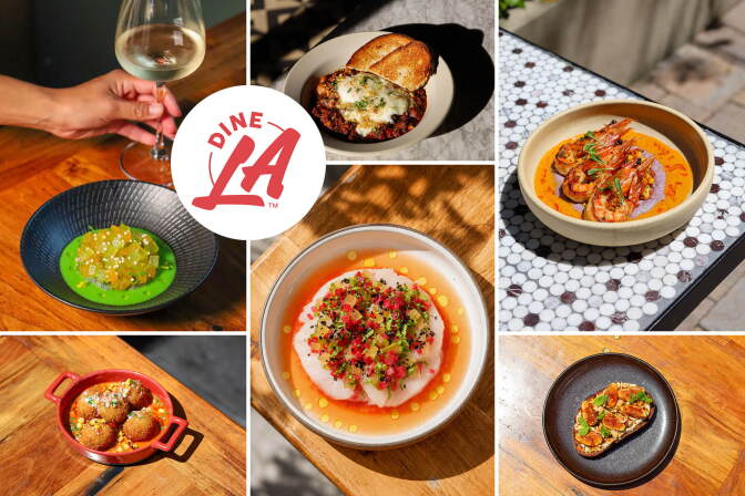 A collage of various restaurant items with a circular logo that reads "Dine LA" over top.