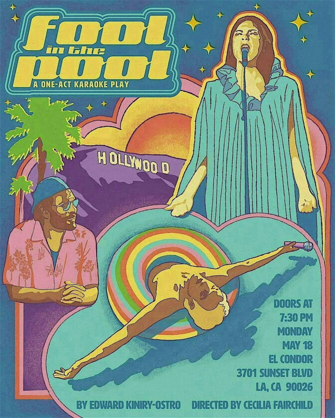 An animated poster for a one-act karaoke play called "Fool in the Pool."