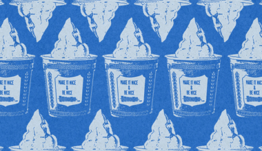Blue and white repeating pattern of soft-serve ice cream in small cups with the phrase "MAKE IT NICE & BE NICE" on the cups.