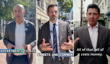 Three men in suits speak outdoors with text captions: "DEPARTMENTS TO ASK," "STREETS AND CORNERS," and "All of that, all of it costs money."