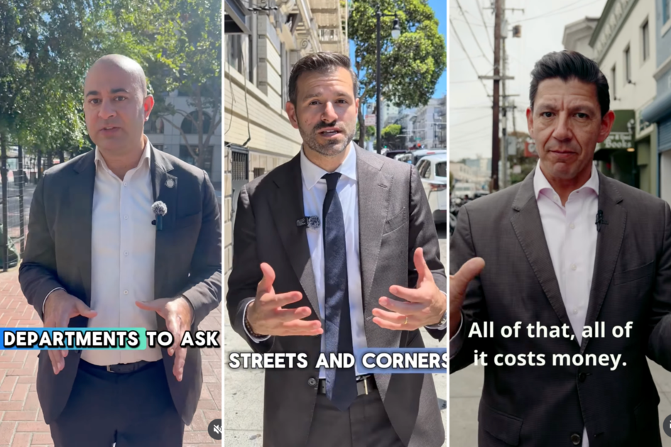 Three men in suits speak outdoors with text captions: "DEPARTMENTS TO ASK," "STREETS AND CORNERS," and "All of that, all of it costs money."