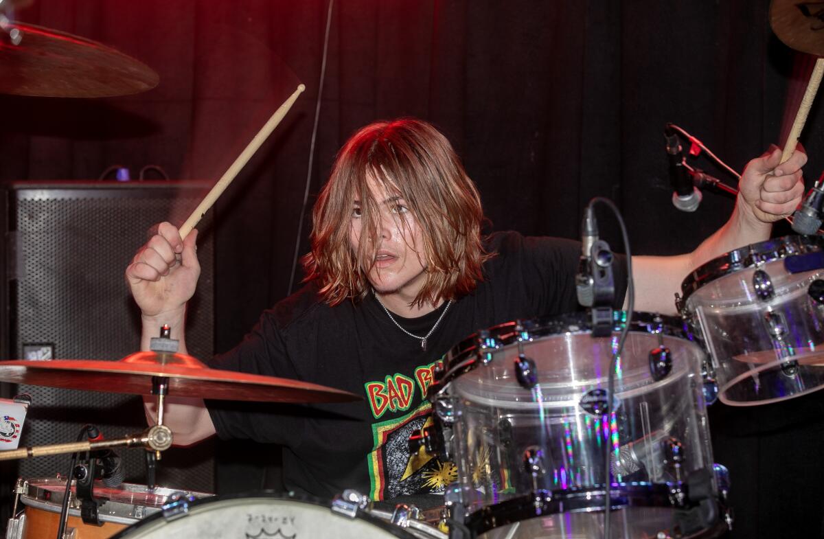 Shane Hawkins plays drums with Chevy Metal at the Viper Room.