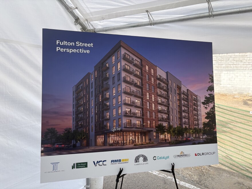 A rendering of the planned 174-unit apartment complex on Fulton Street in downtown Fresno.