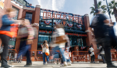 Oracle Park entrance is decorated with banners, with people walking by and some wearing San Francisco Giants jerseys.