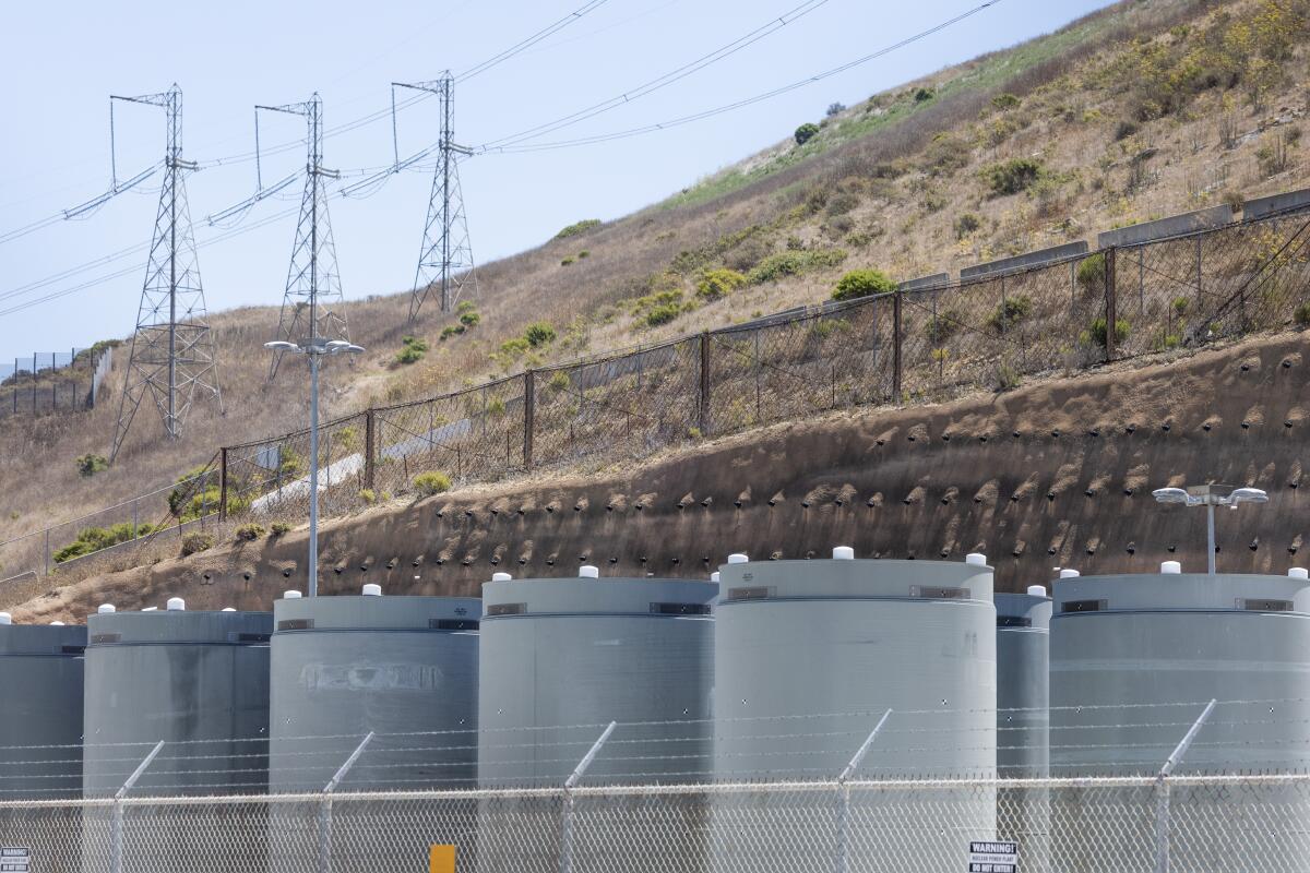 Spent nuclear fuel is stored in lead and stainless steel casks and bolted into concrete at a specially built pad at Diablo.