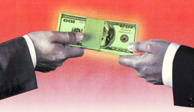 Two hands in suits exchange a stack of hundred-dollar bills held by a medical symbol band, against a red-orange gradient background.