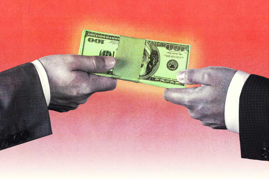 Two hands in suits exchange a stack of hundred-dollar bills held by a medical symbol band, against a red-orange gradient background.