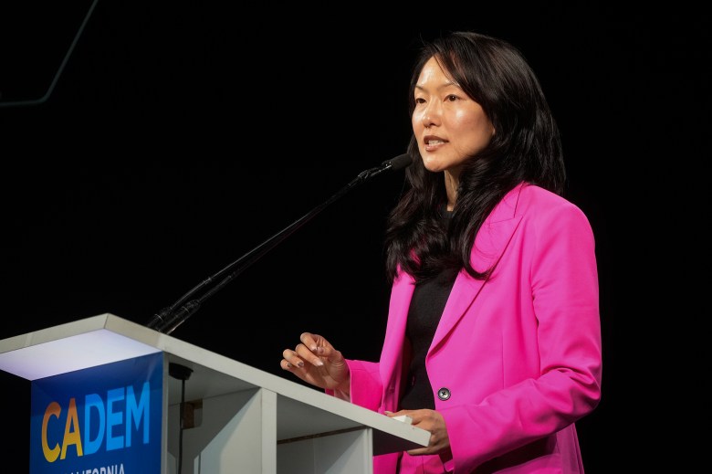 A person wearing a bright pink blazer speaks at a podium with a CADEM sign against a dark background.