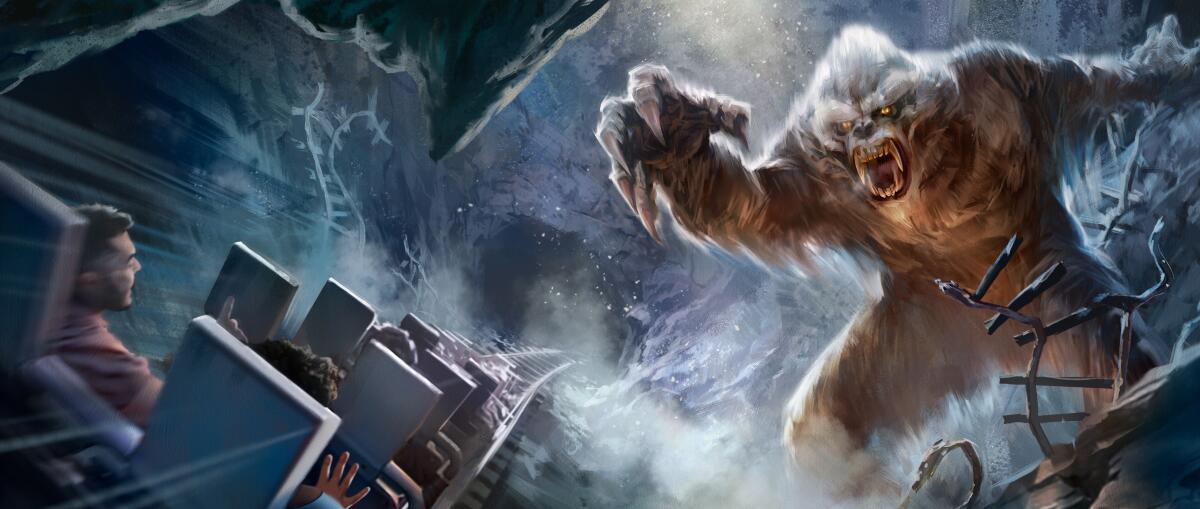 Concept art of a roller coaster approaching a yeti. 