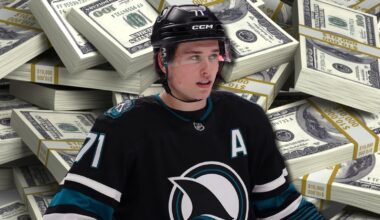 San Jose Sharks star Macklin Celebrini over stacks of hundred-dollar bills