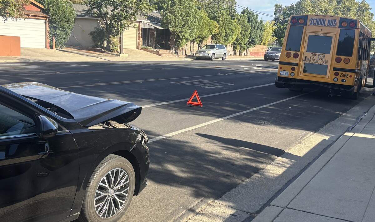A school bus was involved in a crash near Palm and Cambridge avenues on August 17, 2026, the first day of the Fresno Unified school year.