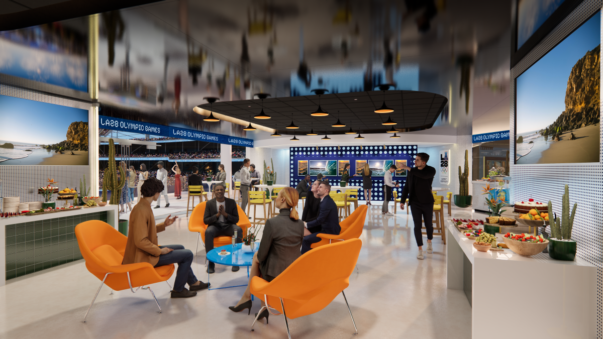 This artist's portrayal of a lounge area was provided by LA28 partner On Location.