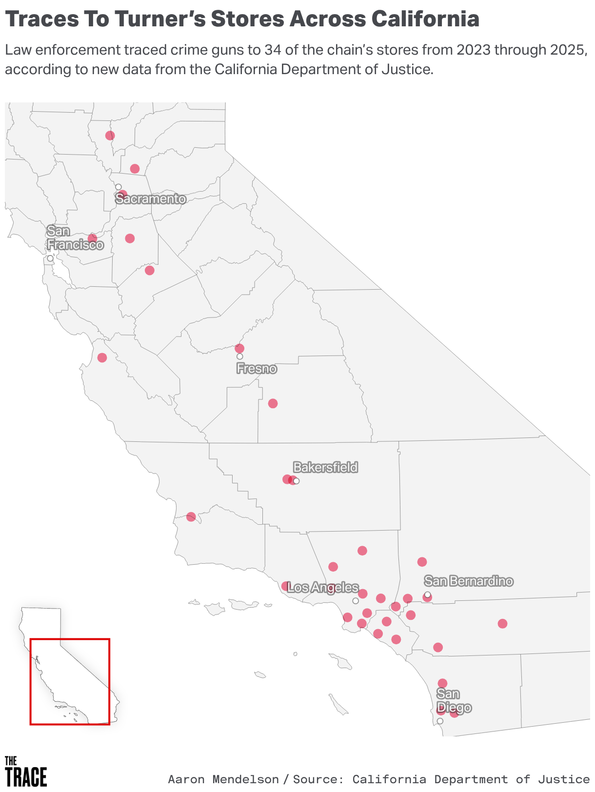 A map of Turner's Outdoorsman locations throughout the state of California, denoted by orange triangles.