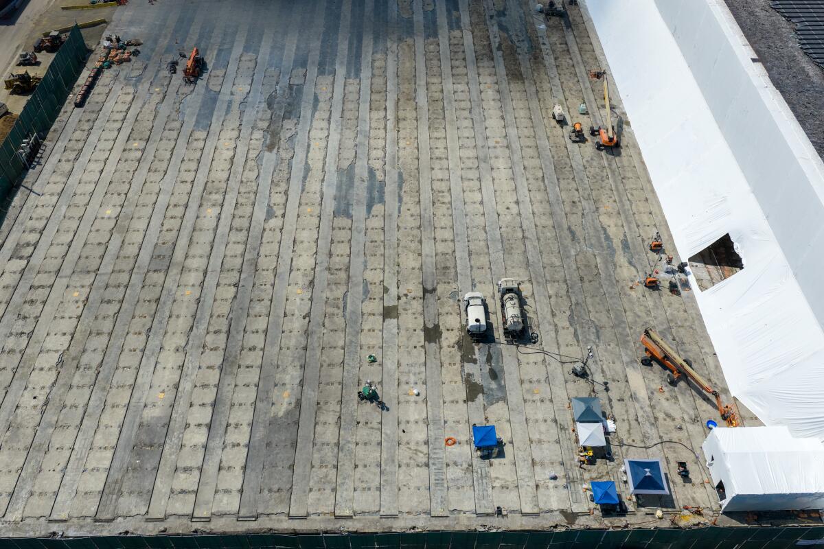 An aerial view of a big flat roof.