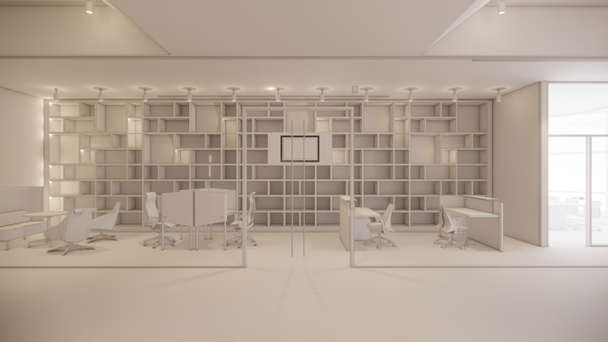 An artist rendering of an entirely white reading room at a museum.