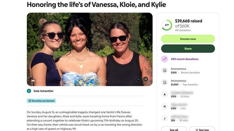 {p}A GoFundMe was created for a mother and two daughters who were killed in a wrong-way fiery crash on Highway 99 in Bakersfield early Sunday morning. PHOTO: GoFundMe{/p}